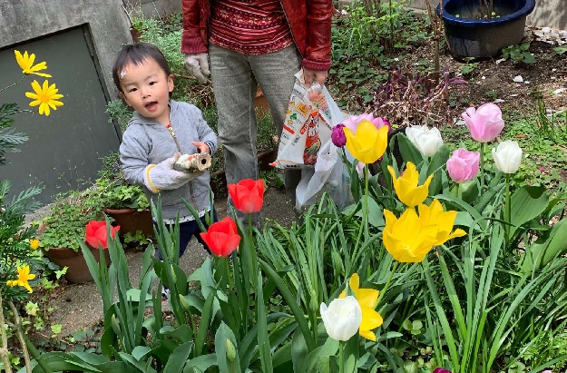 写真１４　裏庭で遊ぶ祐士